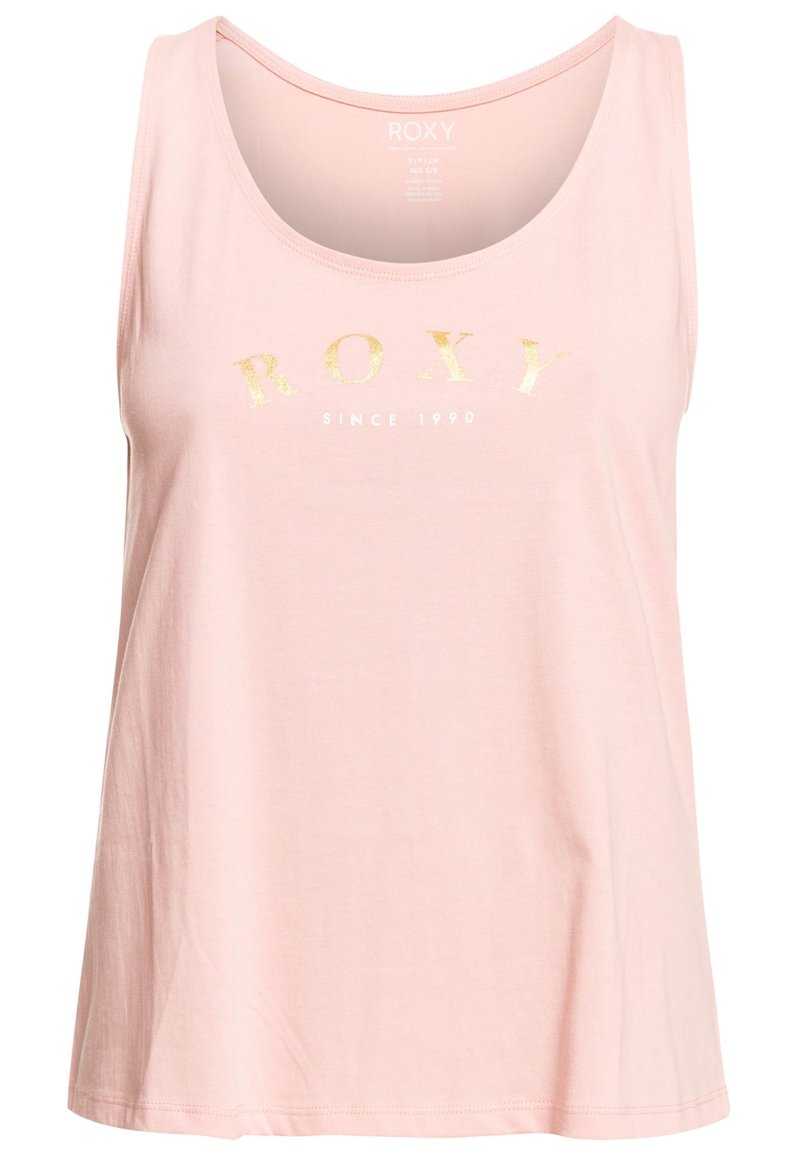 Débardeur rose clair sans manches avec texte doré "ROXY" et texte blanc plus petit "SINCE 1990" centré sur le devant.