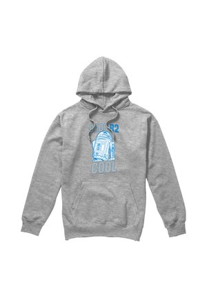Gray hoodie with a front pocket and drawstring. Features blue graphic text "DADS R2 COOL" above a blue illustration of R2-D2. Soft texture.