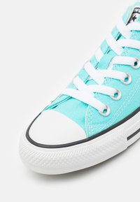 Zapatillas de lona turquesa con cordones blancos y puntera, media suela de goma negra, suela texturizada y ojales de metal para los cordones.