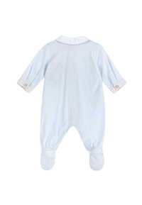 Romper per neonati di colore azzurro chiaro con maniche lunghe, colletto bianco, polsini a righe e gambe con piedini. Presenta dettagli con bottoni sulle maniche.