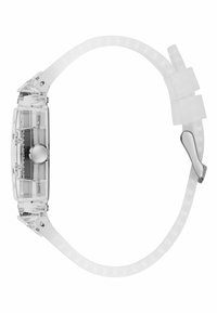 Transparent watch with a rectangular case, clear silicone strap, silver hardware, and button, featuring a minimalistic design and smooth texture.