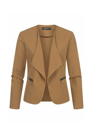 Brauner, taillierter Blazer mit einem drapierten Kragen, langen Ärmeln und zwei Reißverschlusstaschen. Aus glattem Stoff mit einer maßgeschneiderten Silhouette gefertigt.