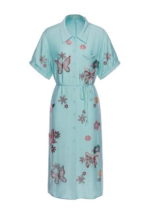 Robe bleu clair longueur genou avec manches courtes, ouverture boutonnée devant, ceinture à nouer à la taille et broderies multicolores de papillons et de fleurs.