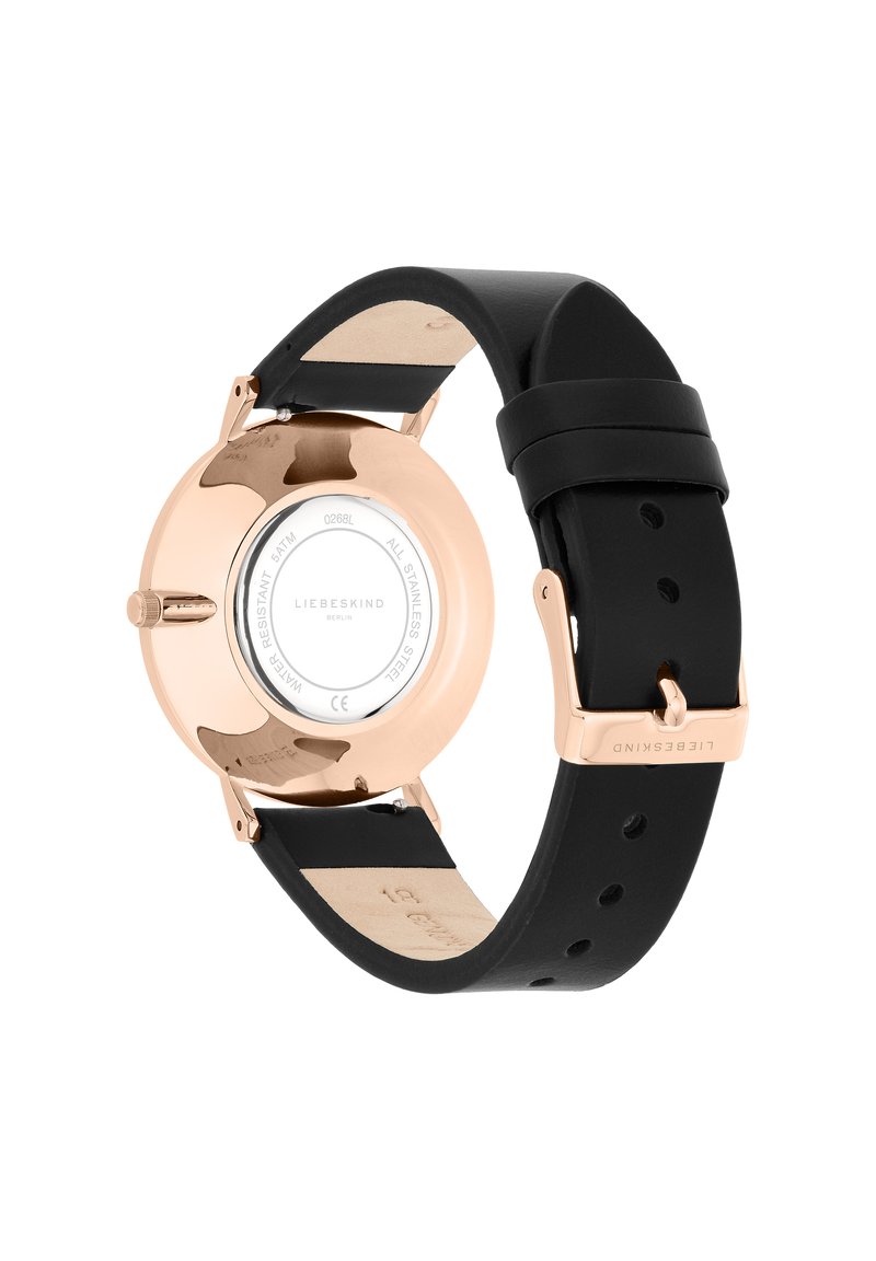 Gehäuse aus roségoldfarbenem Edelstahl mit einem schwarzen Lederarmband. Verfügt über eine glatte Oberfläche und einen polierten Rücken mit Markengravur.