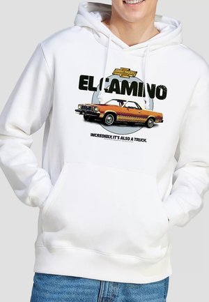 White hoodie with a front graphic featuring an orange car and "EL CAMINO" text. The design includes bold lettering and a vintage style.