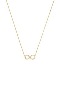 Collana d'oro con ciondolo a forma di simbolo dell'infinito decorato con pietre trasparenti, montata su una catena delicata. Design minimalista con finitura lucida.