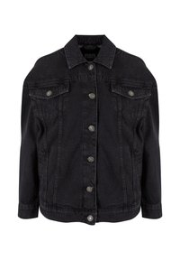 Fekete farmer dzseki, elöl fém gombokkal, két mellrészen patentos zsebfedővel és klasszikus gallérral.