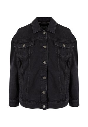 Svart denimjakke med metallknapper foran, to brystlommer med klaffer og knapper, og klassisk krage.