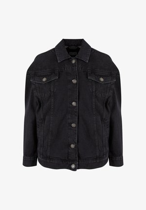 Svart denimjakke med metallknapper foran, to brystlommer med klaffer og knapper, og klassisk krage.