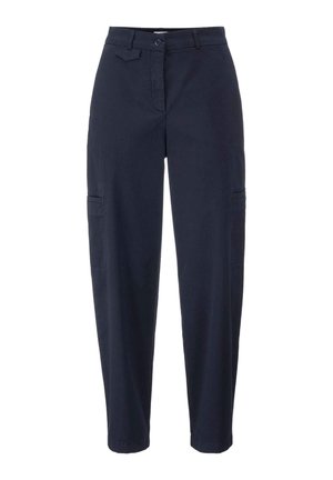 Navyblaue Cargo-Hosen mit geradem Schnitt, aus Baumwollmaterial. Die Hose verfügt über zwei Seitentaschen und einen Knopfverschluss.