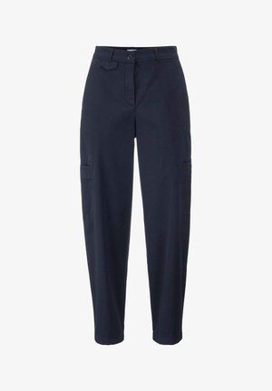 Navy blue cargo pants with a straight-leg design, made of cotton material. Features include two side pockets and a button closure.