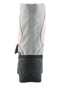 Grijze en roze waterdichte halfhoge laars, met een textiele bovenkant, flexibele rubberen zool en een achterste lipje voor gemakkelijk aan- en uittrekken.