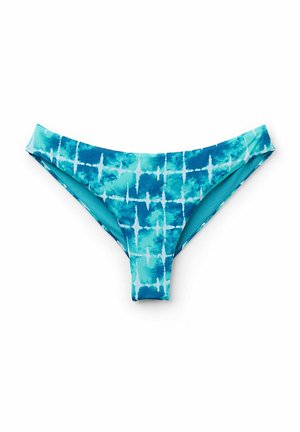Bikini dolne w odcieniach niebieskiego z printem tie-dye. Charakteryzuje się umiarkowanym krojem oraz gładkim materiałem z lekkim połyskiem.