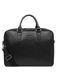 Black leather laptop bag with a textured finish, dual top handles, a removable shoulder strap, and silver hardware accents.