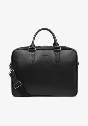 Sac d'ordinateur portable en cuir noir avec une finition texturée, double poignées supérieures, une bandoulière amovible et des accents en métal argenté.