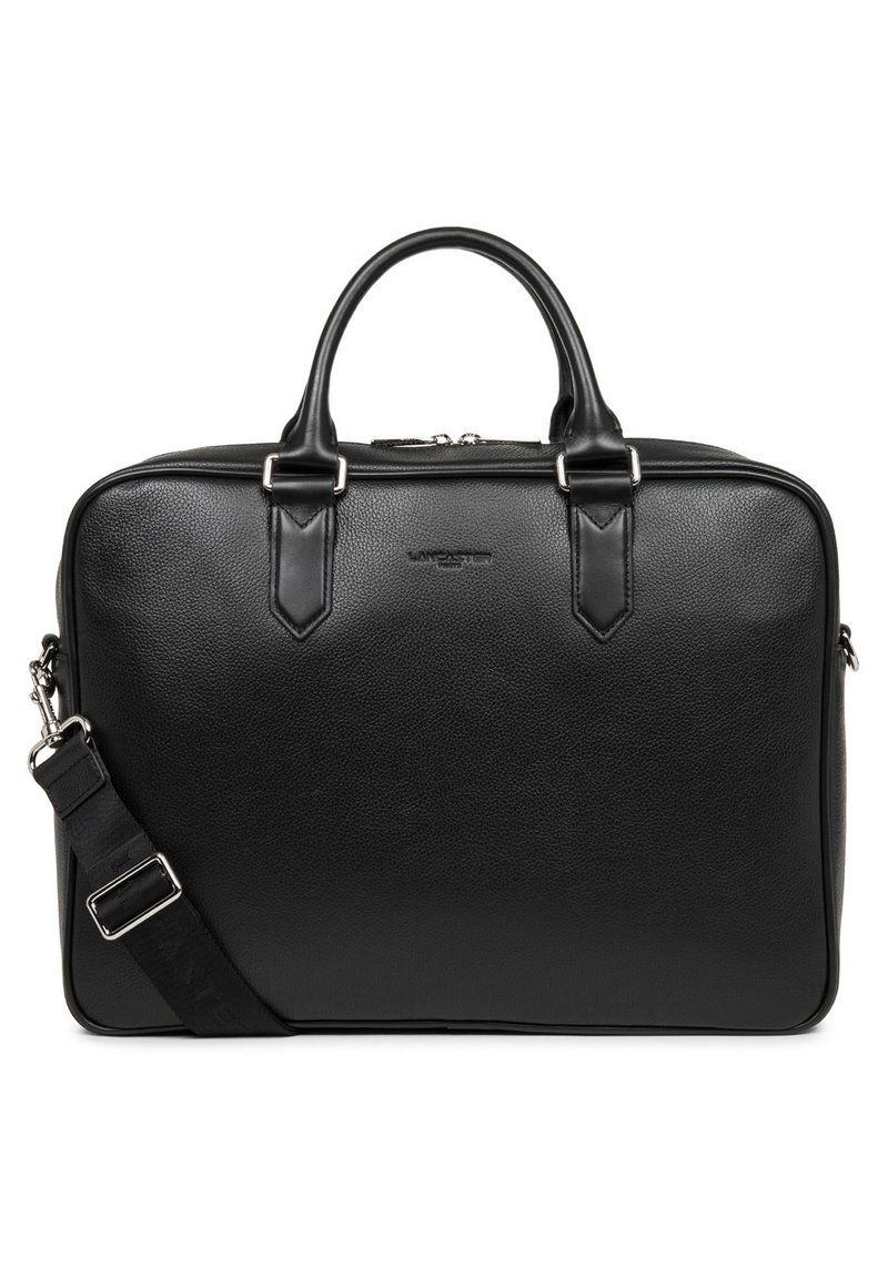 Black leather laptop bag with a textured finish, dual top handles, a removable shoulder strap, and silver hardware accents.