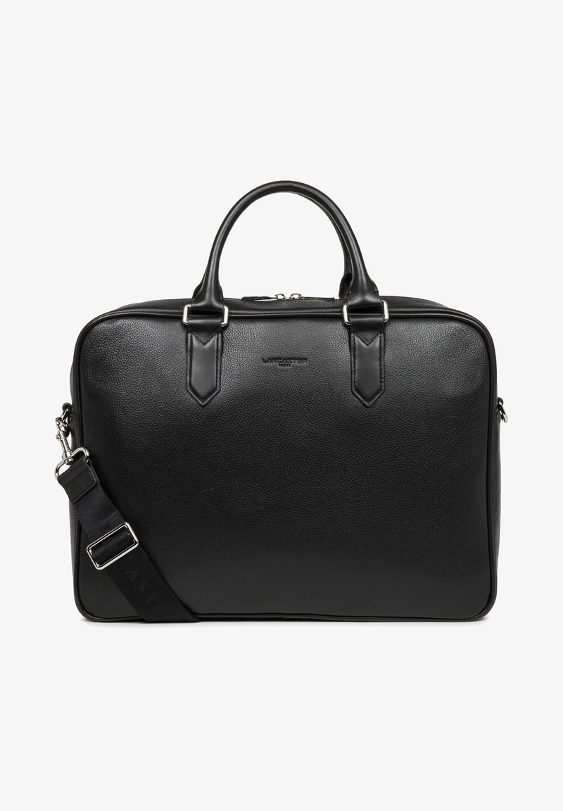 Black leather laptop bag with a textured finish, dual top handles, a removable shoulder strap, and silver hardware accents.