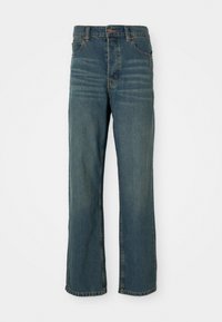 Blue denim jeans with a straight-leg design, featuring five pockets, a button closure, and light fading on the front.