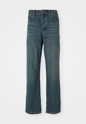 Blue denim jeans with a straight-leg design, featuring five pockets, a button closure, and light fading on the front.
