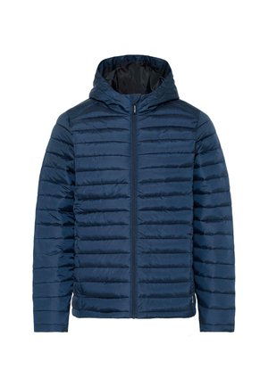 Giacca a vento imbottita con cappuccio di colore blu navy, dotata di chiusura con zip, design trapuntato e polsini elasticizzati per una vestibilità aderente. Materiale leggero e isolante.