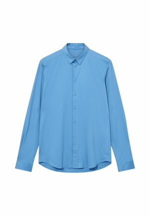 Vyriški ilgarankoviai šviesiai mėlyni susegami marškiniai su smailia apykakle ir apvalia apačia, išdėstyti ant balto fono.