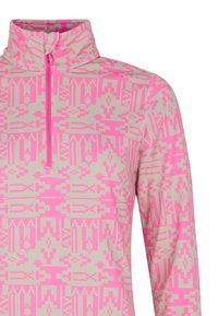 Fleece pulover s visokim ovratnikom, s bež osnovom i svijetloružičastim geometrijskim uzorcima. Sadrži zatvaranje na patentni zatvarač, dizajniran za toplinu.