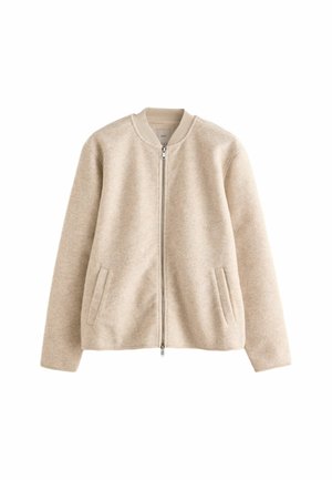 Veste bomber beige zippée avec manches longues, deux poches avant et col côtelé, en tissu doux.