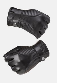 Svarta läderhandskar har en kviltad textur och ett justerbart band med en metallisk knapp. Fingerviktsdesign för grepp och smidighet.