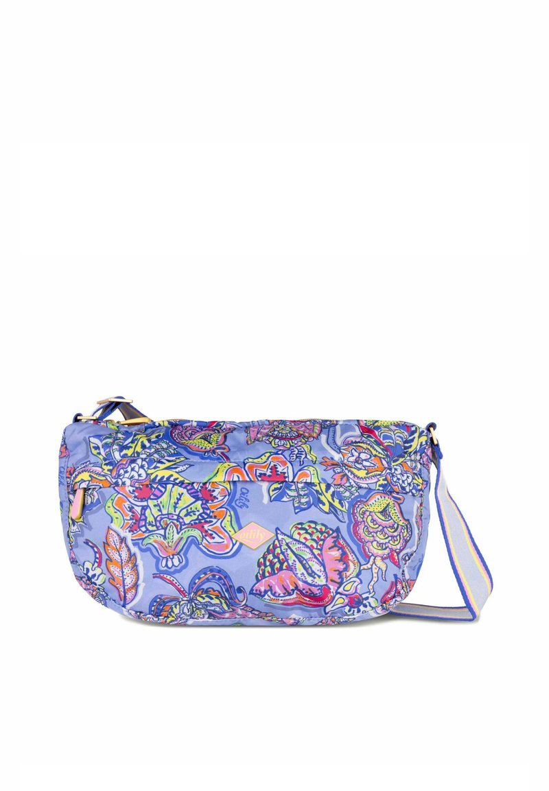 Borsa a tracolla in tessuto blu con motivo di farfalle e fiori colorati, con chiusura a zip e tracolla regolabile a righe.