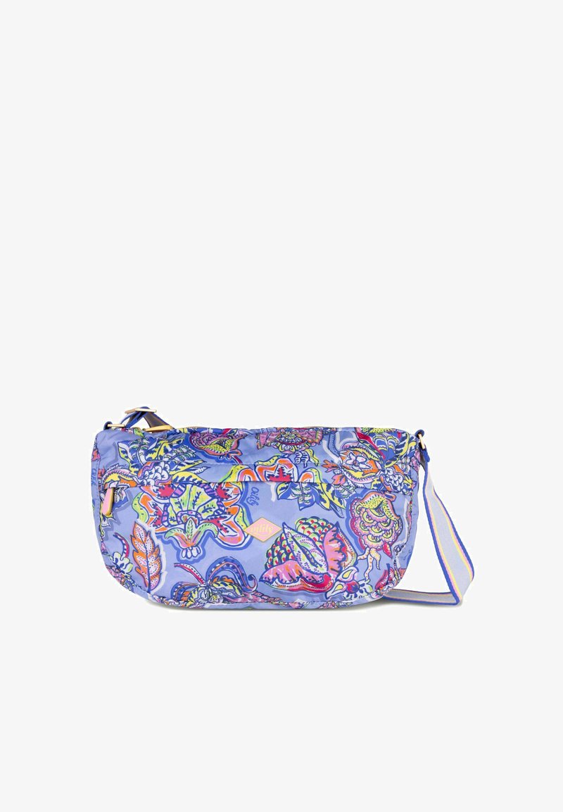 Borsa a tracolla in tessuto blu con motivo di farfalle e fiori colorati, con chiusura a zip e tracolla regolabile a righe.