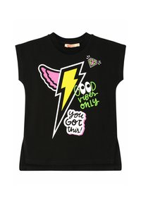 Schwarzes T-Shirt mit kurzen Ärmeln, bedruckt mit einem Blitzgrafik in Gelb und Pink, dem Text "Good Vibes Only" und "You Got This!" in leuchtenden Farben.