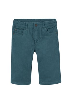 Teal cotton shorts with a zip fly and button closure, featuring front pockets and a smooth texture, tailored for a comfortable fit.