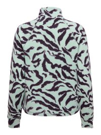 Veste en polaire à col montant, base vert menthe avec motif irrégulier noir rappelant le zèbre, manches longues et coutures apparentes.