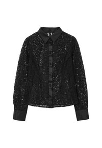 Schwarze, langärmlige Spitzenbluse mit satinierter Kragen, Knopfleiste und Manschetten, versehen mit einem Blumenmuster und semi-transparentem Stoff.