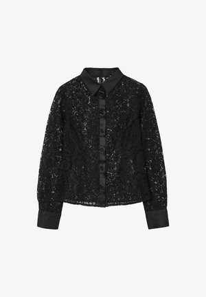 Blusa nera a maniche lunghe in pizzo con colletto in satin, patta di bottoni e polsini, caratterizzata da un motivo floreale e un tessuto semi-trasparente.