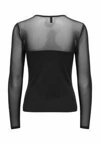 Black long-sleeve top featuring a sheer mesh upper section and solid fabric lower body, with a round neckline and a small back closure.