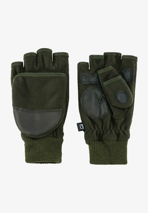 Fingerløse hansker i mørkegrønn fleece-materiale med teksturert svart håndflate, elastiske mansjetter og polstrede detaljer på baksiden av hånden og håndflaten.