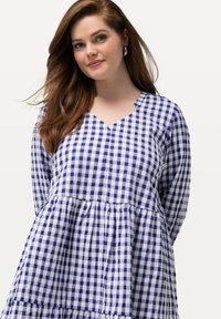 Kleid im blau-weißen Vichy-Karo-Muster mit langen Ärmeln, einem V-Ausschnitt und einer gestuften, ausgestellten Silhouette. Hergestellt aus leichtem, strukturiertem Stoff.