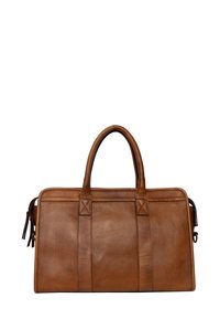 Borsa in pelle marrone con due manici superiori, forma rettangolare e dettagli di cucitura sottili. Presenta una chiusura con zip e tasche laterali.