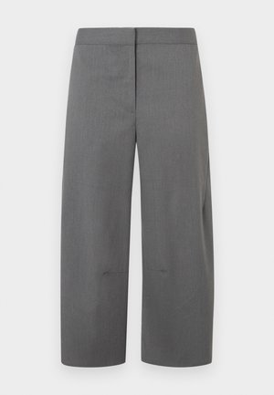 Γκρι ραμμένο παντελόνι με ευθεία, φαρδιά γραμμή. Λείο ύφασμα, ελάχιστες ραφές και χωρίς ορατές τσέπες ή διακοσμητικά στοιχεία.