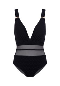 Juodas vientisas maudymosi kostiumėlis su gilia V formos iškirpte, tekstūruotu zigzago raštu, reguliuojamomis petnešėlėmis su auksiniais akcentais ir permatomomis tinklelio juosmens detalėmis.