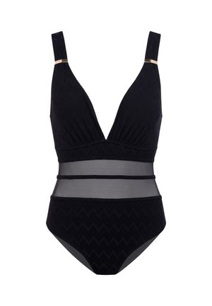 Černé jednodílné plavky s hlubokým výstřihem do V, strukturovaným cikcak vzorem, nastavitelnými ramínky se zlatými doplňky a průhlednými síťovanými panely v oblasti pasu.