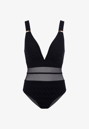 Fekete egyrészes fürdőruha mély V-nyakkivágással, texturált cikkcakk mintával, állítható vállpántokkal arany díszítésekkel és áttetsző hálós derékrésszel.