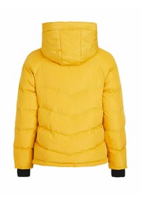 Žltá puffa bunda s kapucňou, ktorá má prešívaný dizajn, rebrované čierne manžety a hladký povrch. Zadný pohľad neukazuje žiadne ďalšie detaily.