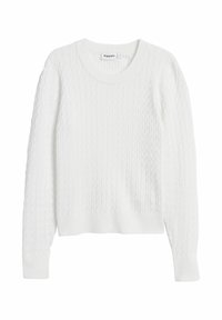 Witte kabelgebreide trui met een ronde hals, lange mouwen en ribgebreide boorden en zoom. Zachte textuur met een comfortabele pasvorm.
