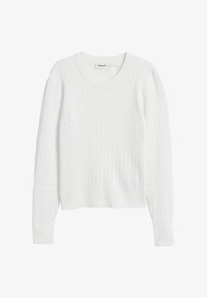Biały sweter w splot kablowy z okrągłym dekoltem, długimi rękawami oraz ściągaczami przy mankietach i u dołu. Miękka tekstura i przytulny krój.