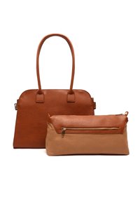 Brązowa skórzana torebka z zaokrąglonymi krawędziami i długimi uchwytami; zawiera odpinaną beżową saszetkę na zamek z brązowym skórzanym akcentem.
