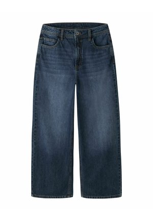 Jean en denim bleu à jambes larges avec poches avant et fermeture par boutons, présenté sur fond blanc.