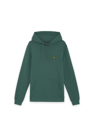 Σκούρο πράσινο φούτερ με κουκούλα, μπροστινή τσέπη τύπου πουγκί και μικρό κίτρινο λογότυπο πουλιού στο αριστερό στήθος.