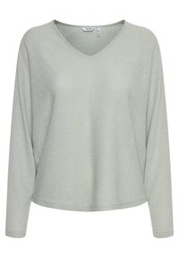 Hellgrünes Langarmshirt mit V-Ausschnitt, aus einem strukturierten Strickmaterial gefertigt, mit lockerer Passform und ohne sichtbare Beschläge.